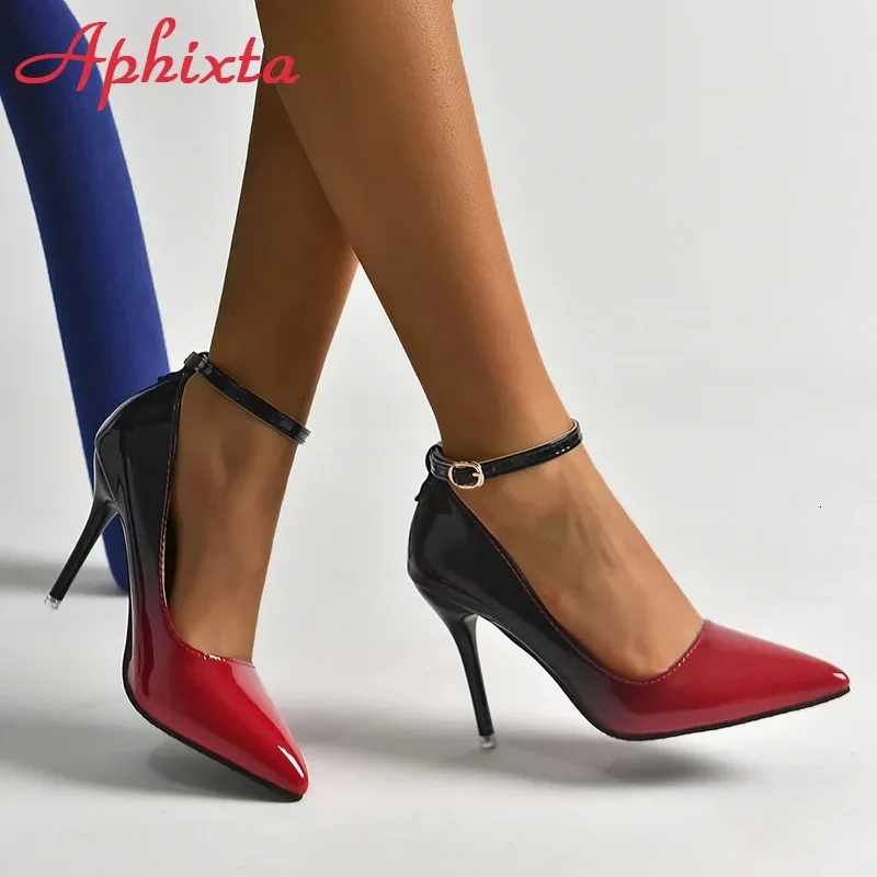 Aphixta 10cm saltos stiletto gradiente bombas sapatos femininos couro patente tornozelo cinta super alto apontou toe super grande 48 49 50 240318