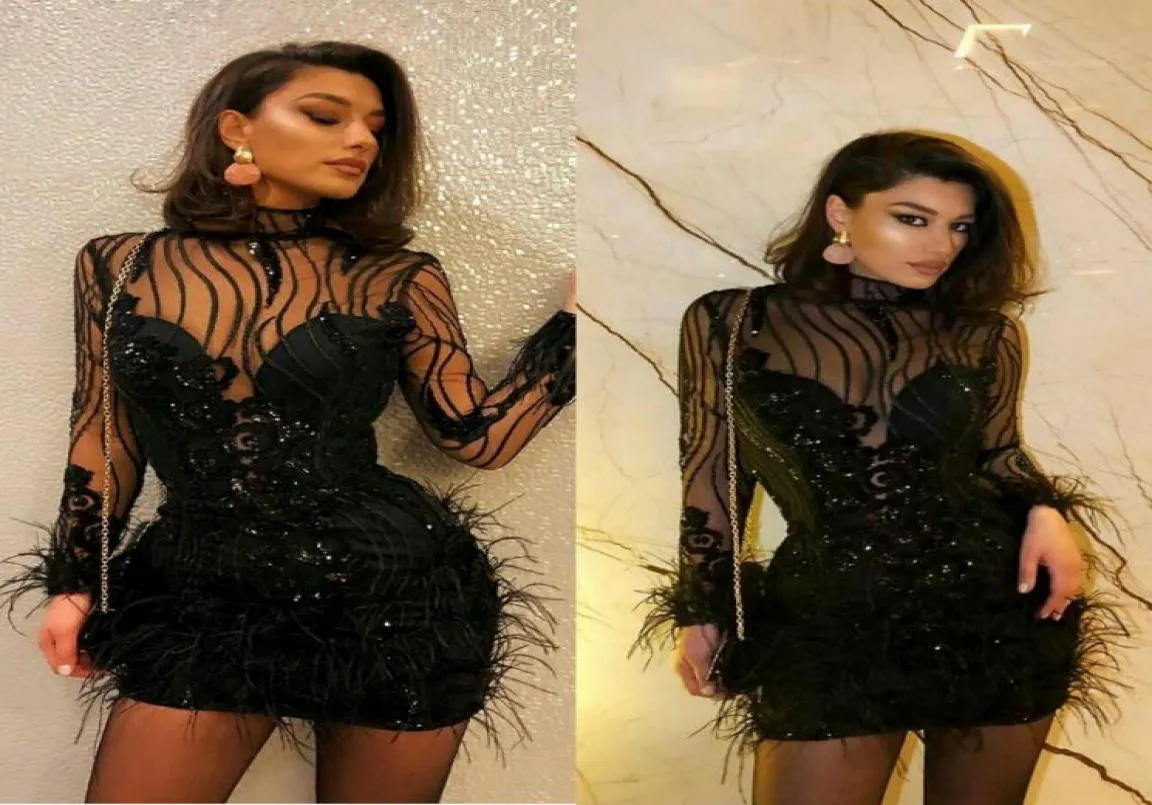 Robes de cocktail noires col haut une ligne dentelle paillettes robe de soirée courte à manches longues plume bal fête occasion formelle robes9023173