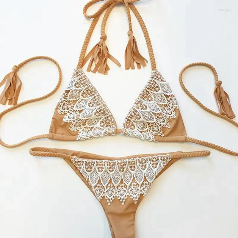 Kvinnors badkläder bandea sexig bikini set varumärke kvinnor baddräkt vintage hög hals bodysuit handgjorda virka biquini ha021