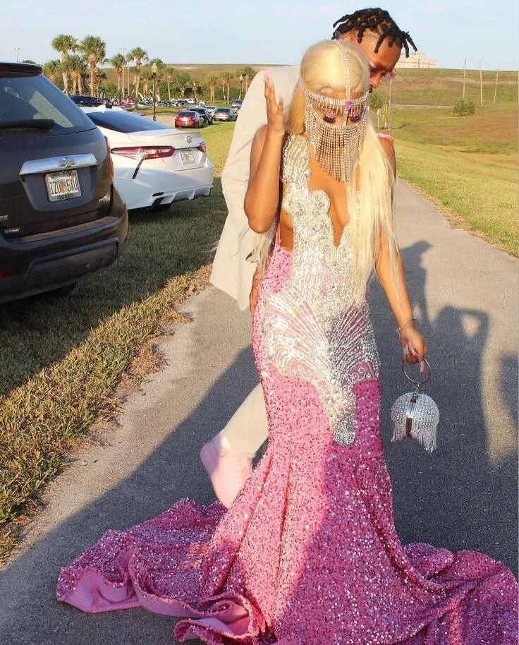 Rose Pink Sparkly Mermaid Long Prom Ceremony Dresses for Black Girl Luxury Diamond Velvet African Prom Gala birthday dress 2024