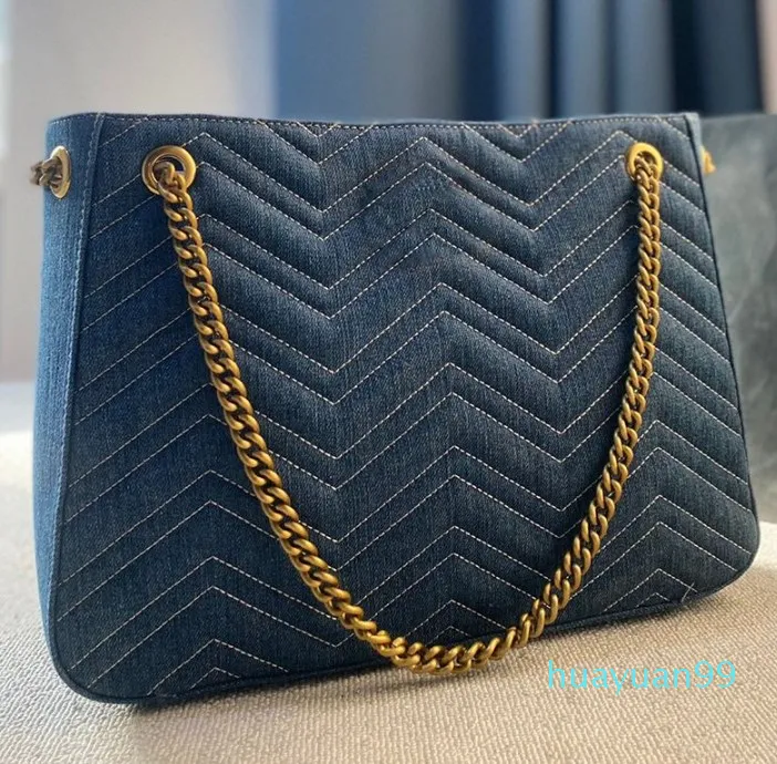 여성 패션 중간 크로스 바디 디자이너 가방 고급 분리 가능한 골드 체인 토트 가방 파란색 캔버스 모양의 숄더백