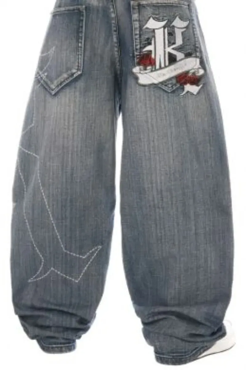 Jeans harajuku retro gotiska bokstavsmönster Lossa Y2K Punk Hip Hop Wideleg Pants Street Wear för män och kvinnor 240307