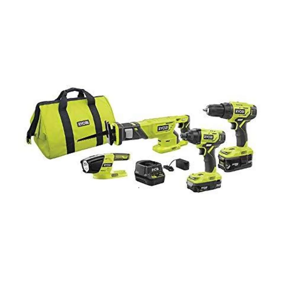 Комбинированный набор из 4 инструментов Ryobi P1818 ONE+ с литий-ионным аккумулятором, 2 аккумуляторами, зарядным устройством на 18 В и сумкой