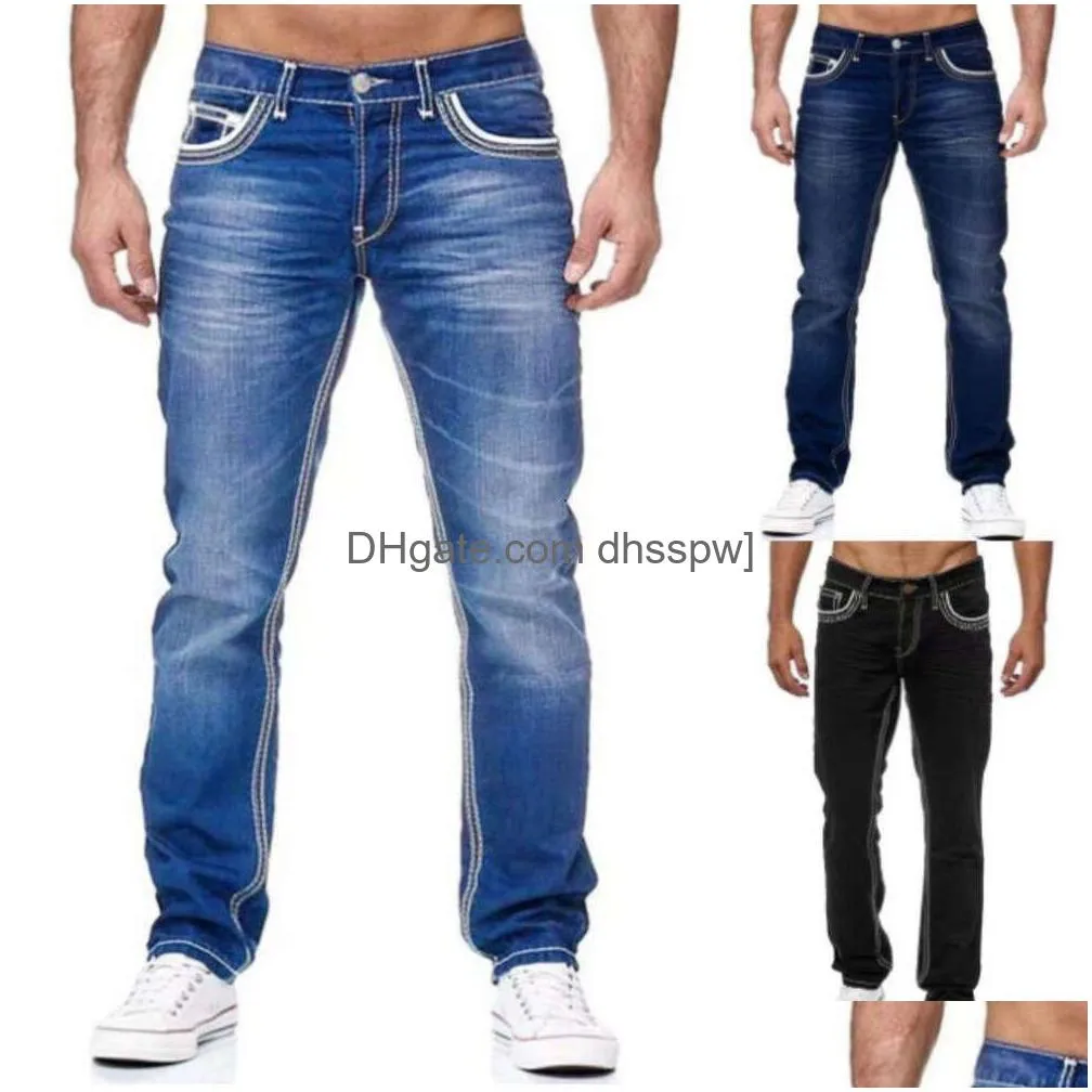 Men'S Jeans High Quality Mens Slim Fitting Double Line Golden Classic Three Color Style Drop Delivery Apparel Clothing Dh65V