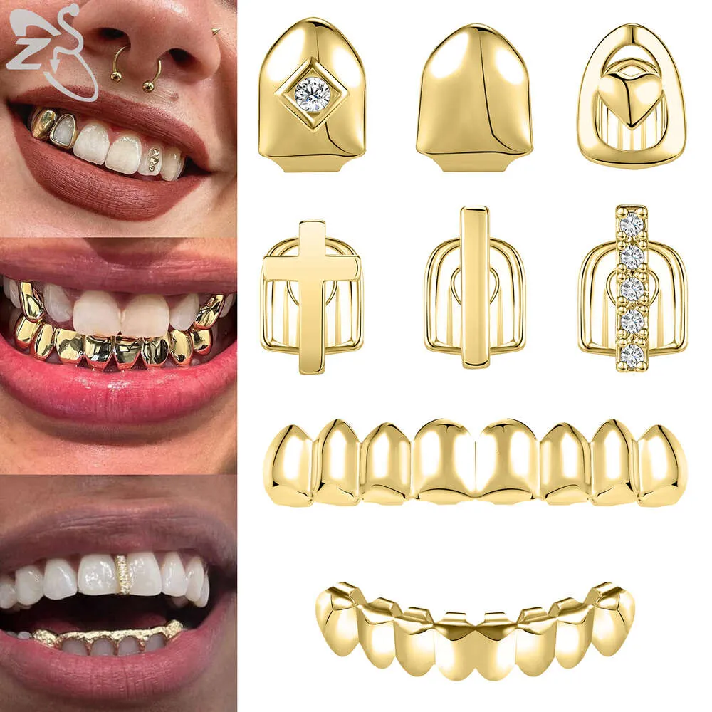 ZS 1–2 Stück Hip Hop vergoldete Zähne glänzende CZ-Kristalle Cross Gap Grillz Hochglanz-Finish oben unten Zahnkappe