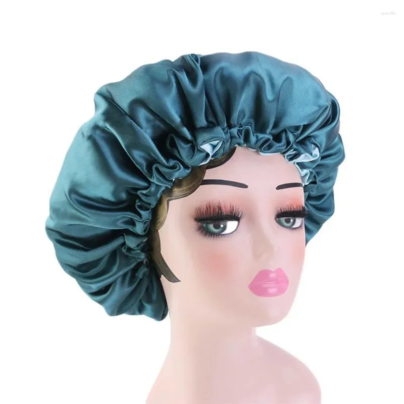 Basker dubbelskikts satin sovande hatt justerbar elastisk mobcap för kvinnor (himmelblå)