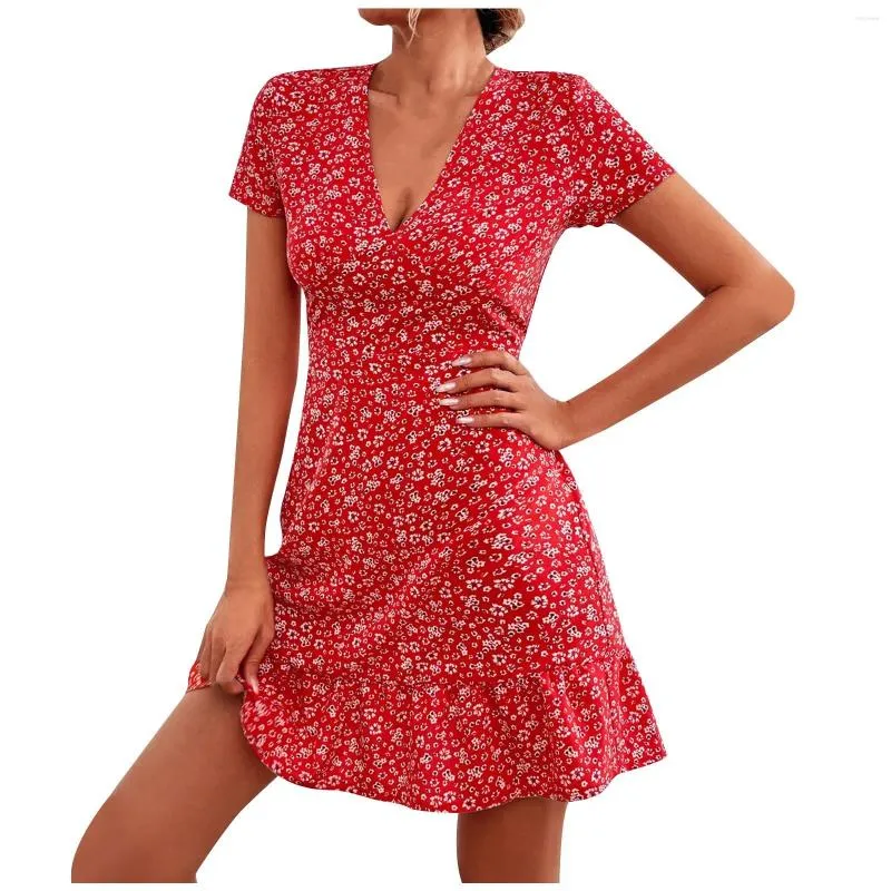 Vestidos casuais ocasião feminina verão sexy decote em v manga curta vestidos floral impressão vestido saia vestidos cortes