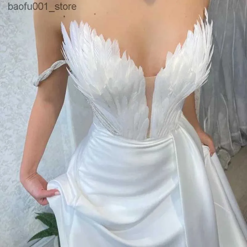 Basic Casual Dresses White Angel Feather Dress Luxury Design Womens Off Shoulder Elegant Long Dress Halloween Christmas Party Evening Wedding Dress Q240322