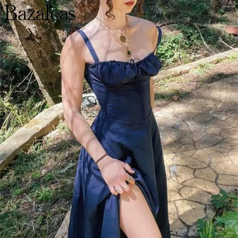 Lässige Kleider 2024 Bazaleas Store Traf Damen Marineblau Zurück Sexy Kreuz Sommerkleid Korsett Schleife Rüschen Schlitz Midi Vestidos Offiziell