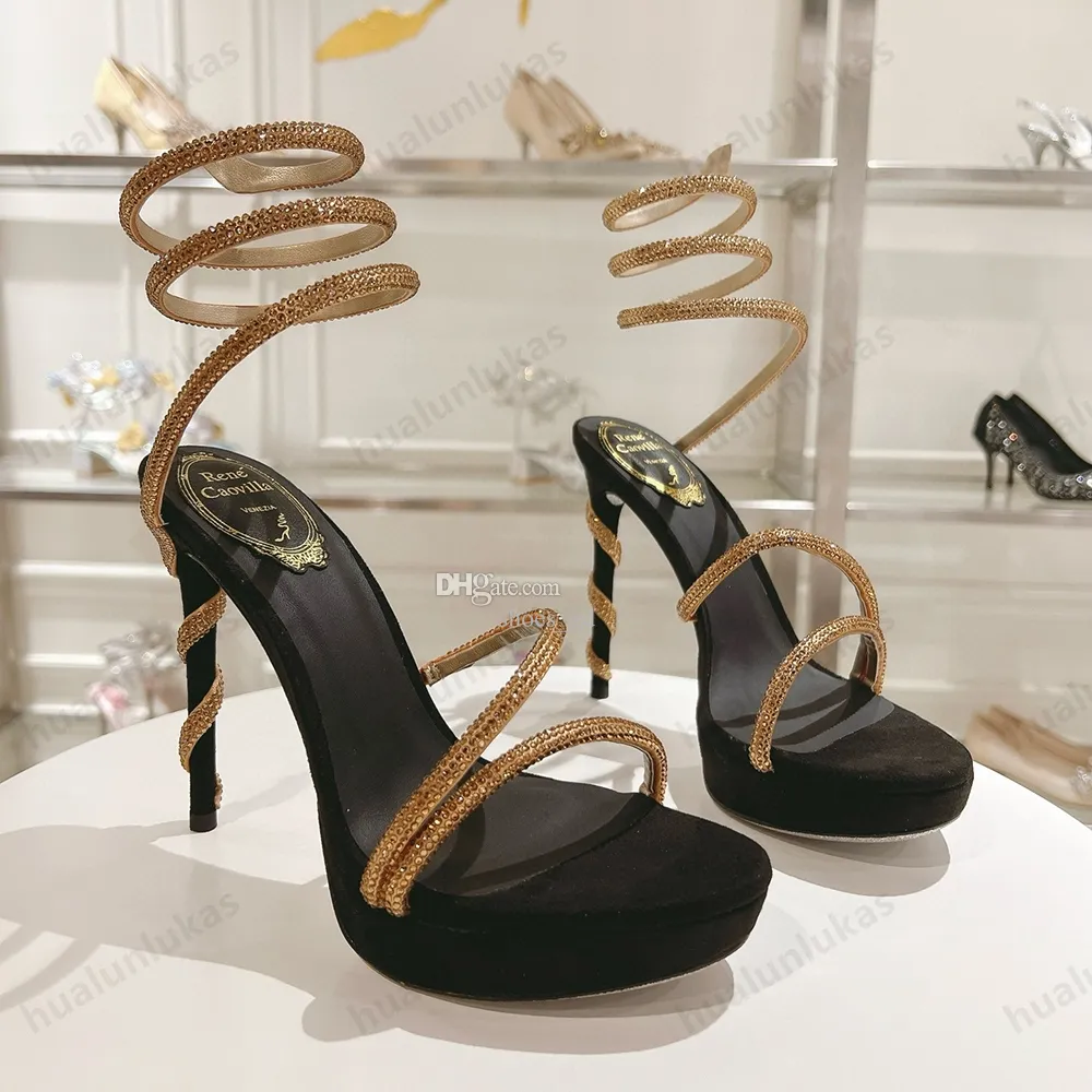 Rene Caovilla Kvinnors plattformsstil Högklack Sandaler med högklackar Ankel-wrap Stiletto Heel Sandal Luxury Designers Dress Shoes Party Wedding Shoes