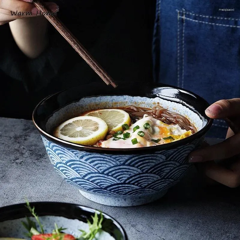 Миски для рамэна, миска для лапши, супа, риса, керамическая китайская керамика в стиле ретро, для смешивания салатов, большая кухонная посуда, домашняя эмаль, японская морская рябь