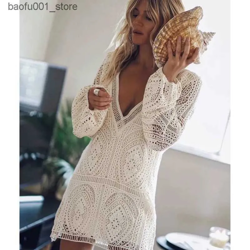 Basic Casual Dresses Summer and Autumn Lace Princess Party Dress Womens Long sleeved Deep V-neck Hollow Street Holiday Dress Fashion Open Tank Top Q240322