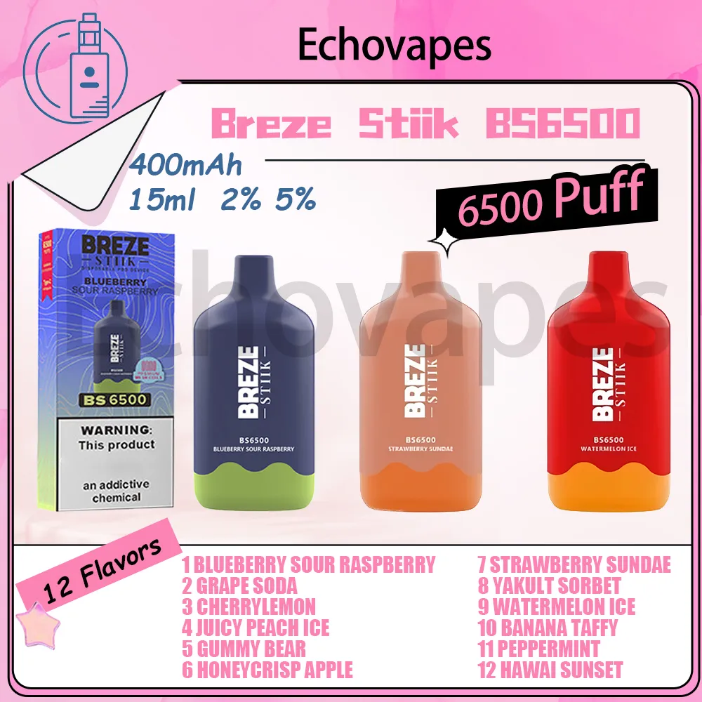 100% оригинал BREZE STIIK BS6500 Puff Одноразовая электронная сигарета Vaper Bar 6500 Puff Батарея Мощность 400 мАч перезаряжаемая 15 мл 12 вкусов