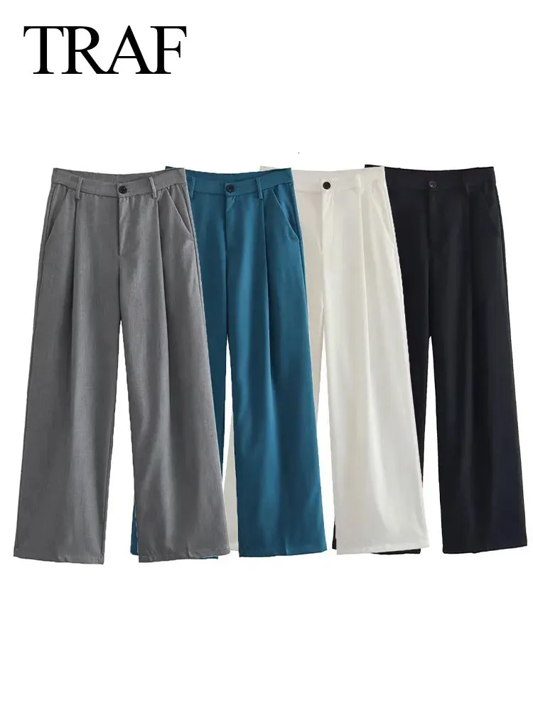 Traf Kobiety moda proste swobodne spodnie Vintage High talia kieszeń na guziki eleganckie uliczne spodnie szykowne spodnie odzież 240309
