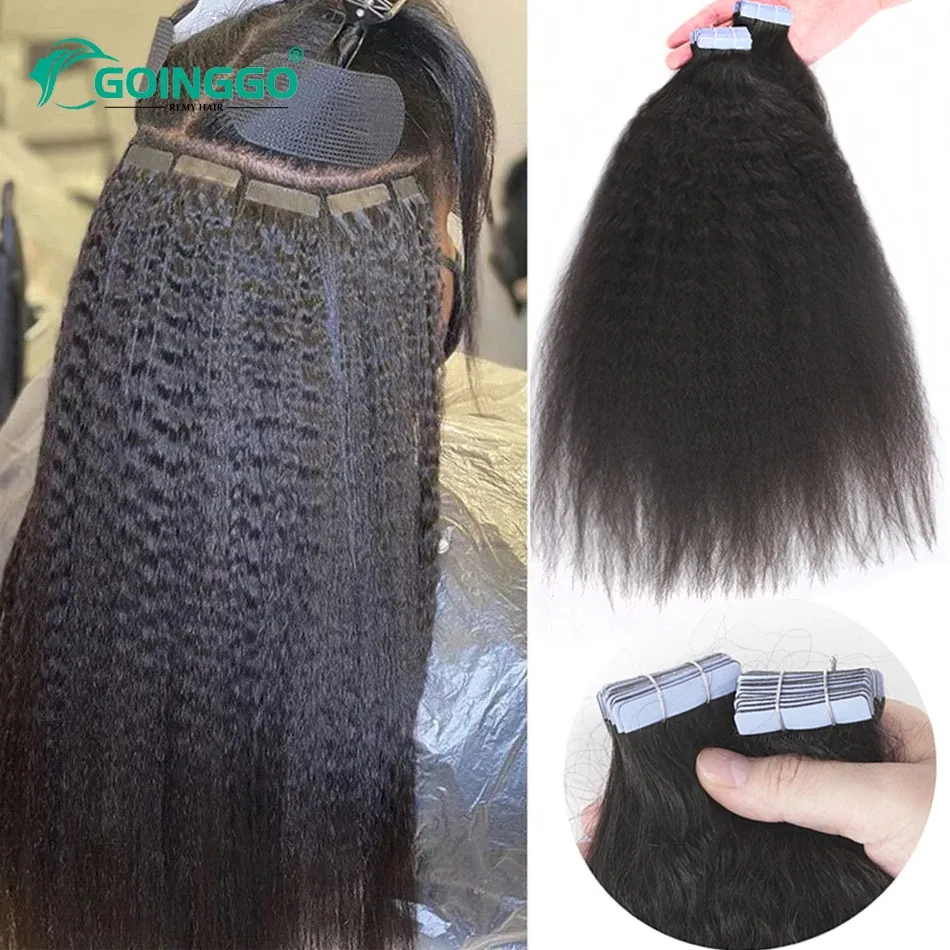 Extensions Extensions de cheveux crépus lisses à bande adhésive pour femmes noires, cuticules 100 % Remy, adhésif invisible, noir naturel, 1228 pouces