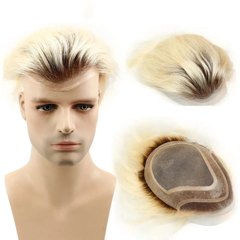 Toupees Eseewigs Brown Roots 60 Platinum Blonde Ombre Toupee 4T60 Straight Brazilian Remy Human Hair Replacement System for Men 10x8