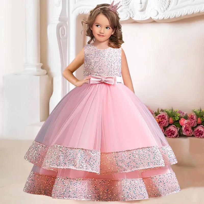 Lantejoulas crianças meninas elegante casamento pérola pétala menina vestido princesa festa beleza concurso sem mangas rendas tule 412 ano 240309