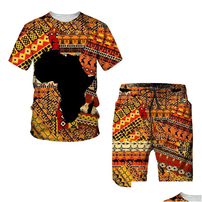 Survêtements pour hommes Hommes Africain 3D Impression Femmes / Hommes Mode T-shirt Costume Style Rétro Courir Exercice Loisirs Sports Été Drop Deli Dhq9t