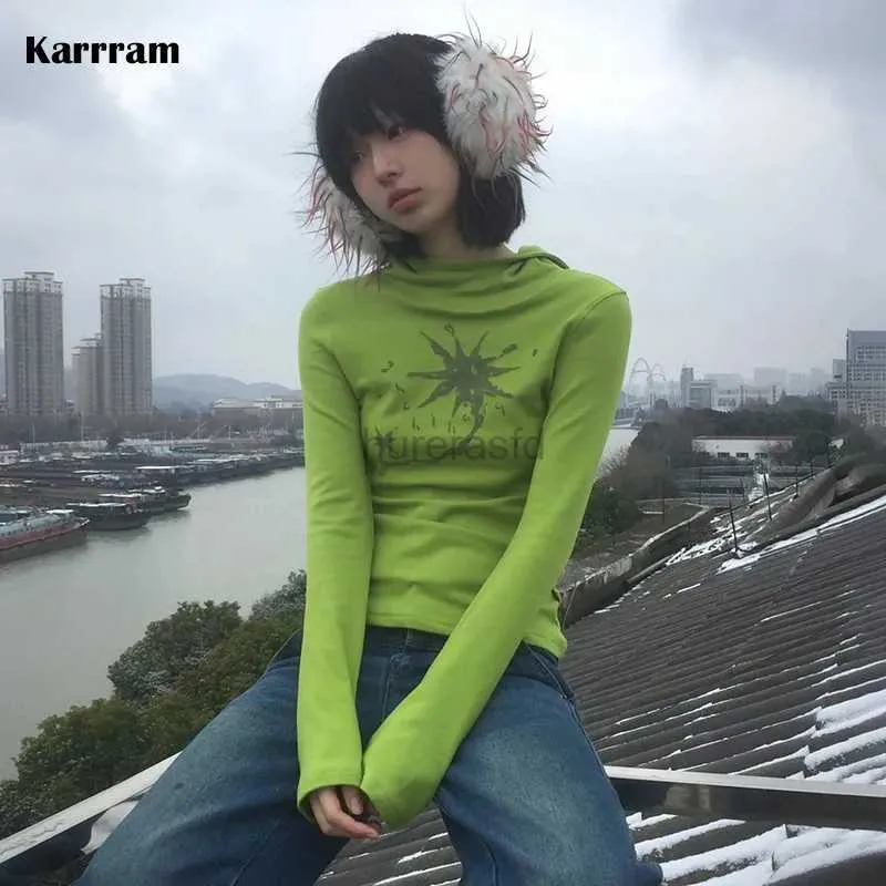 Koszulka damska Karram Japan Y2K z kapturem T-shirt grunge estetyczny zielony zielony t-shirt z długim rękawem retro harajuku z kapturem top 2000s Street odzież 240323