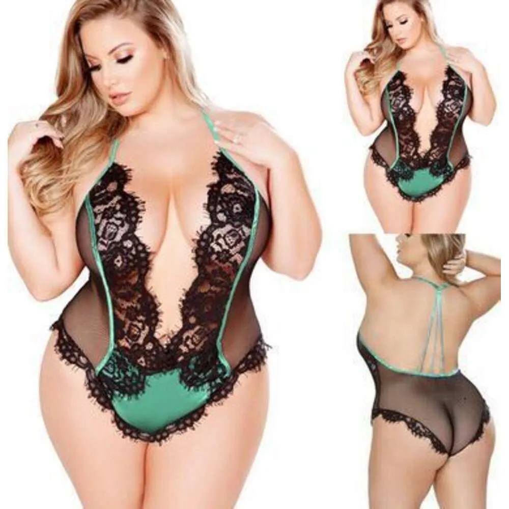 Tamanho grande chubby mm renda malha perspectiva pendurado pescoço lingerie sexy de uma peça 1240 948206