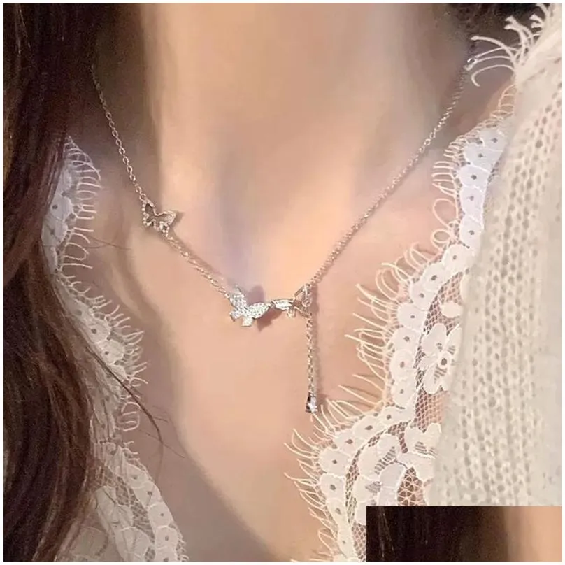 925 sterling silver hollowed out diamond butterfly tassel necklace for womens personalized collarbone chain wedding jewelry