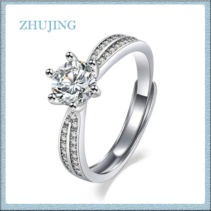 Classic Style Imitation Diamond Wedding Rings with 6MM Cubic Zirconia, Sided Stone Design, 6 Prong Setting Adjustable Size Engagement Rings