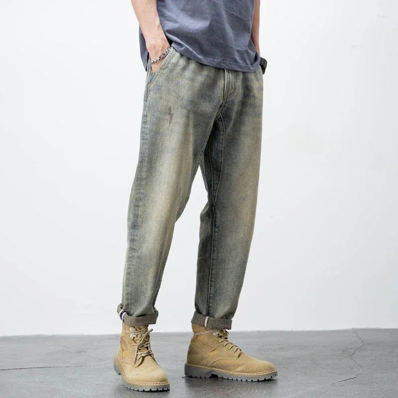 Mäns jeansbyxor avsmalnande rakt för män med fickor manliga cowboybyxor vintage harajuku brett ben lös klassisk 2024 mode mjuk
