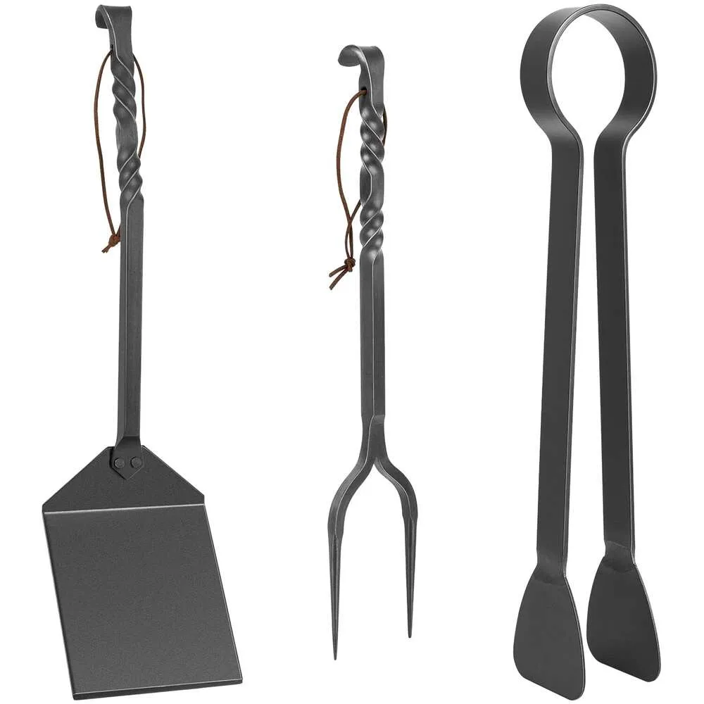 Tunga redskap BBQ Tool Set, Blacksmith Hand Forged Grill Tools, Extra tjock rostfritt stål Spatel, gaffel och tång, för Master Griller, 3 Pack