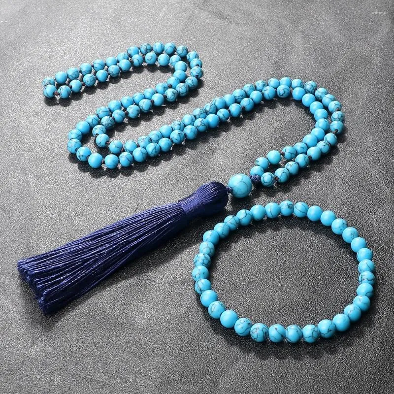 Hänge halsband bohemiska 108 mala pärlor kvinnor män klassiska blå turkosa armband charm långa tofs yoga energy smycken gåvor