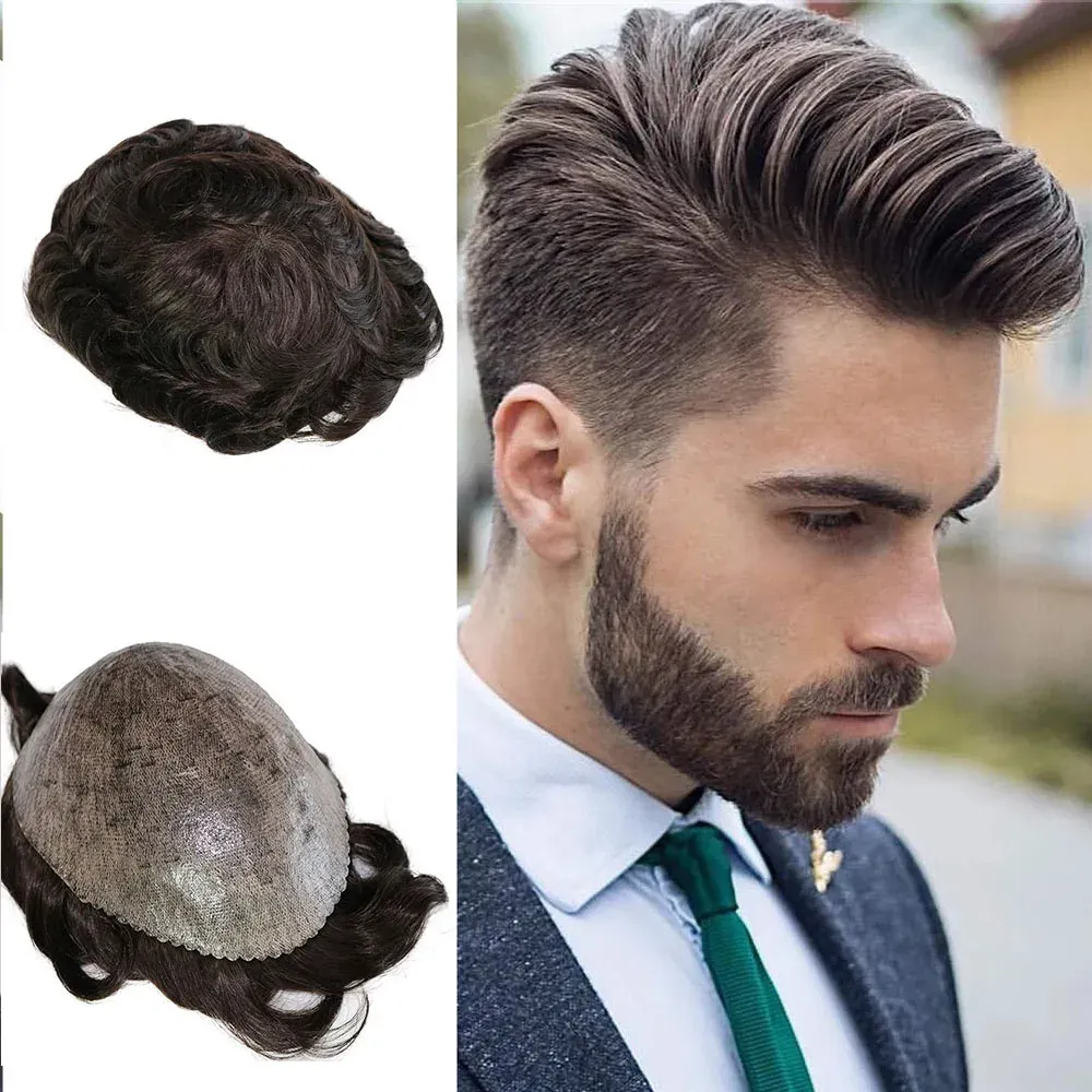 Toupees Men's Toupee Human Hair Brown Blonde Svart Super Hållbar full tunn hud PU Naturliga hårfäste Män kapillärprotesersättning