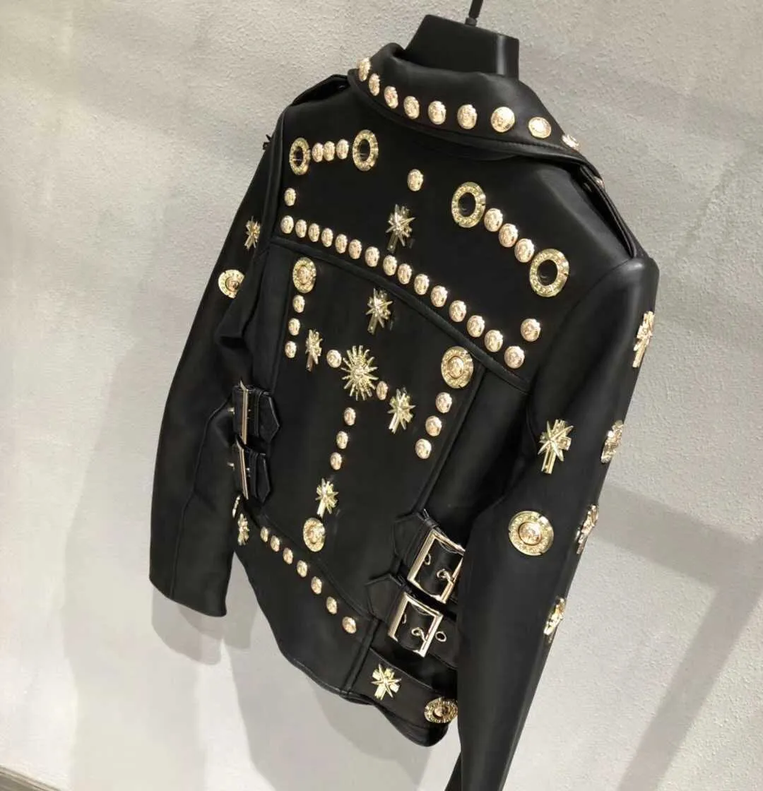 Spring Boutique Women Clothing Genuine Leather Coat Short Real Casual Motorcycle Punk Studded Jacket