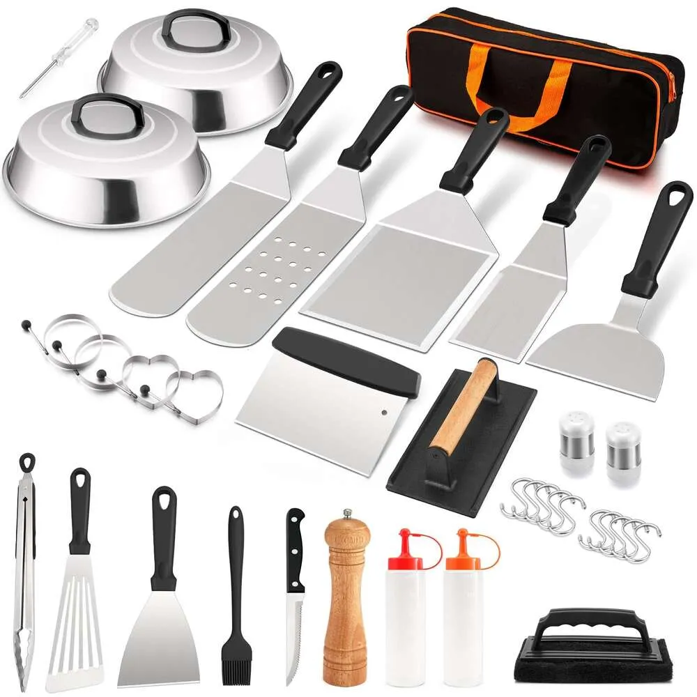 Kit de acessórios para grelha Hasteel 25 peças, conjunto de ferramentas Teppanyak de aço inoxidável com espátulas de metal, cúpulas de derretimento, prensa de hambúrguer, ótimo para acampamento de cozinha plana