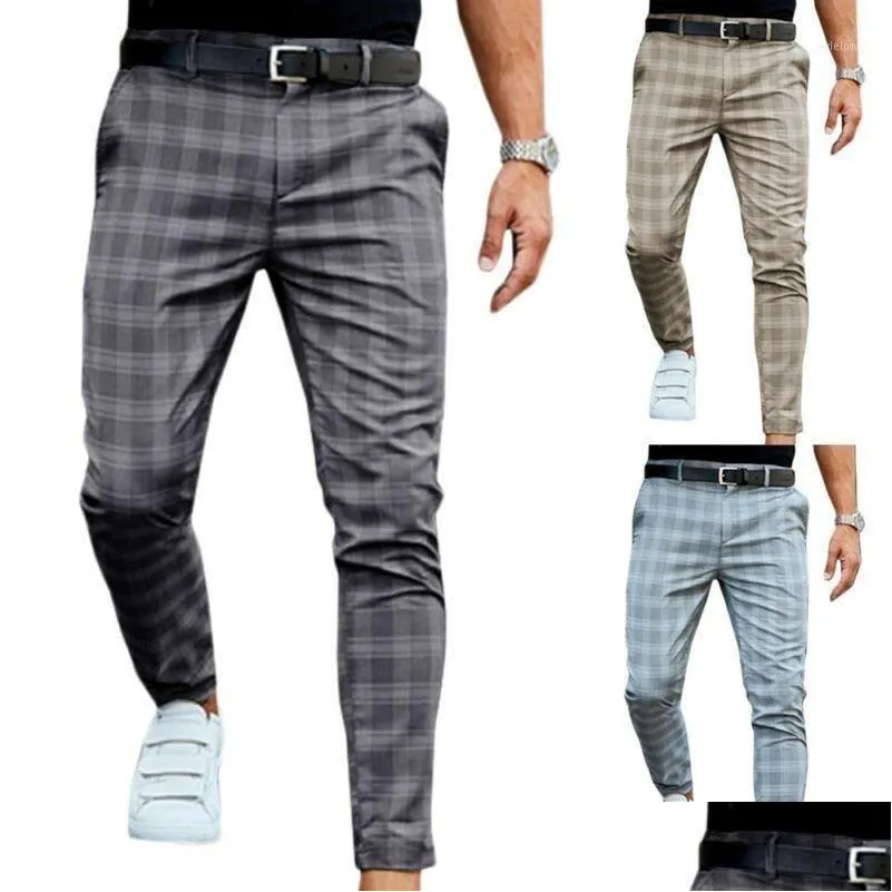 Pantaloni da uomo Shzq Check Slim Fit Soft Stretch Pantaloni lunghi casual da lavoro Ufficio Business Pantaloni estivi maschili Streetwear Drop Delivery Dhp0T