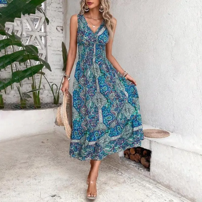 Casual Dresses V-neck Long Dress Bohemian V Neck Midi For Women Colorful Print Vacation Beach With Tight Elastic Waist Off Shoulder