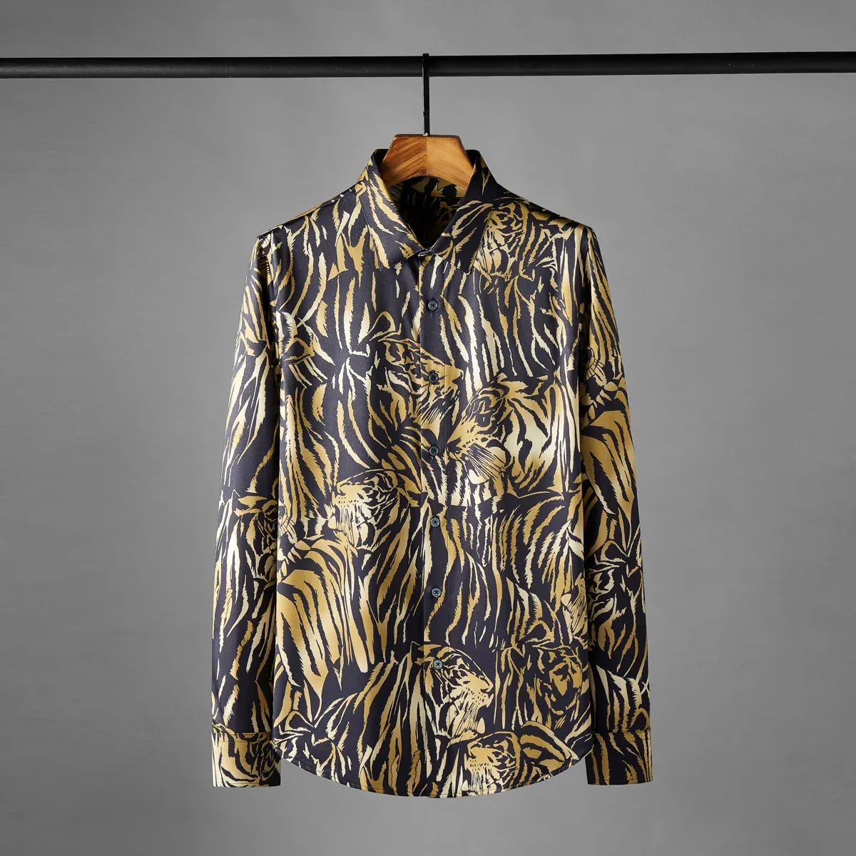 2024 tigre impressão camisas de seda para homens moda manga longa camisa casual masculino fino negócios formal vestido festa social smoking