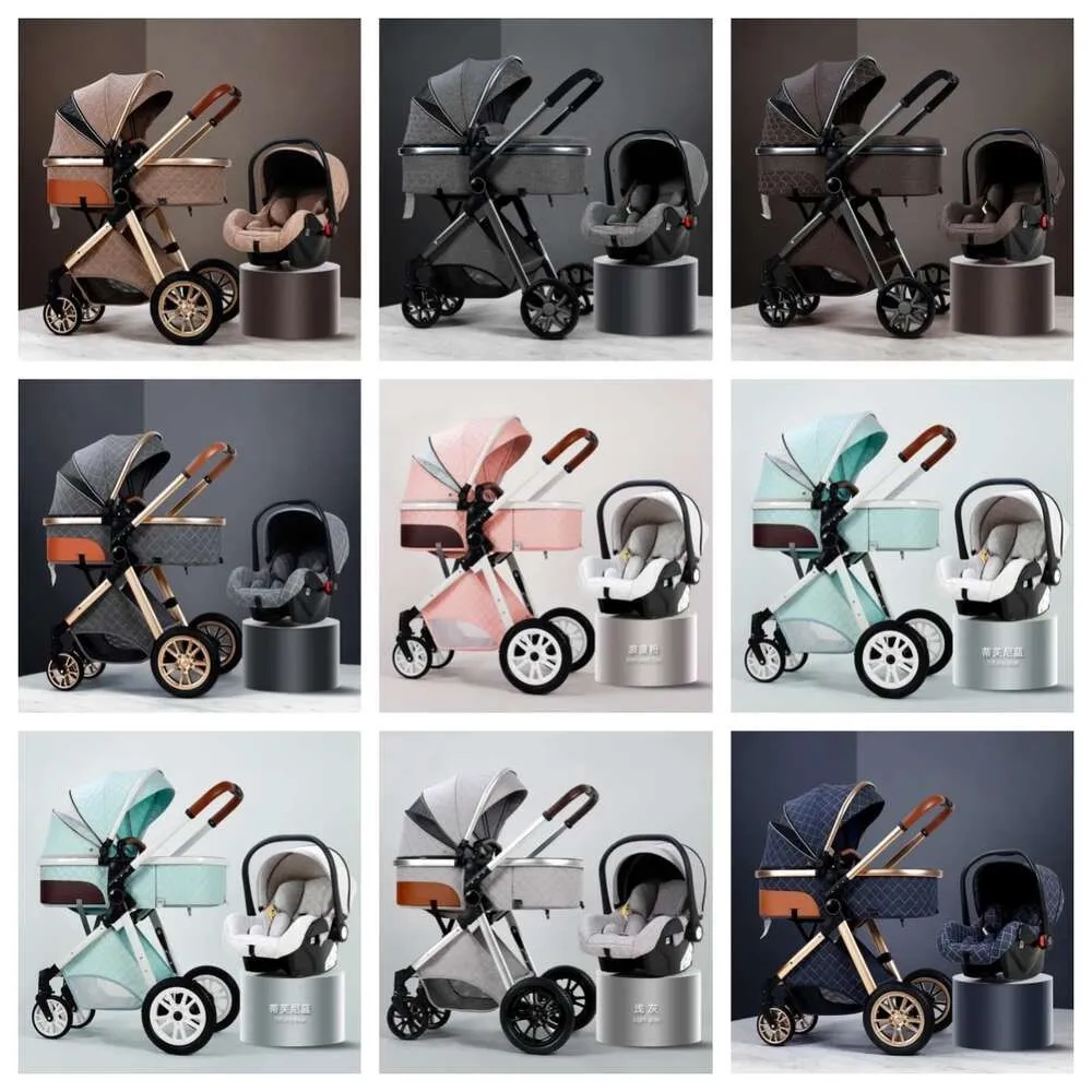 Deluxe multifunktionell barnvagnsdesigner 3 i 1 med bilstolens högvyn barnvagn i 0-12 månader bärbar dubbelriktad en-touch-vikning skickad av havet