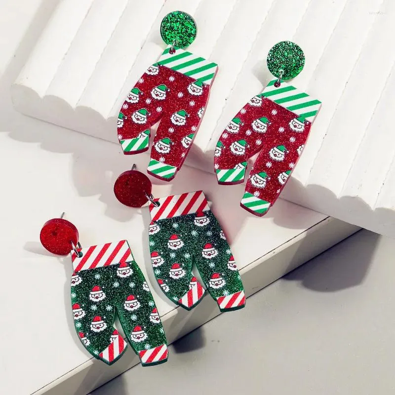 Dangle Oorbellen Kerst Cartoon Kerstman Broek Acryl Voor Vrouwen Glitter Rood Groen Wollen Drop Earring Kerst Sieraden Cadeau