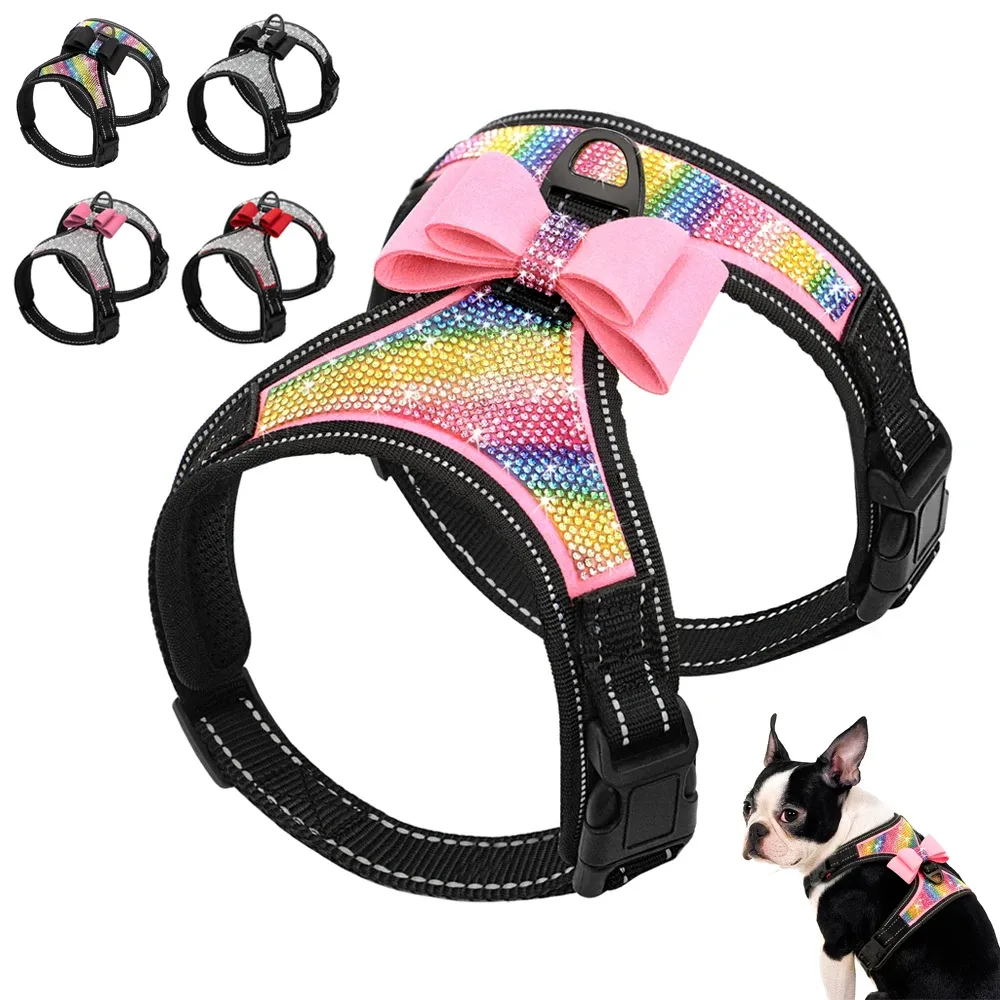 Sele reflekterande hundsele nylon pitbull mops små medelstora hundar sele väst bling rhinestone bowknot hund tillbehör husdjur leveranser