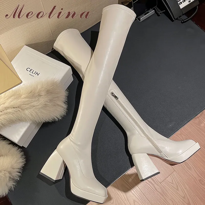 Stövlar meotina kvinnor lår höga stövlar fyrkantiga tå block super high heel ladies mode blixtlås långa stövel hösten vinterskor beige 40