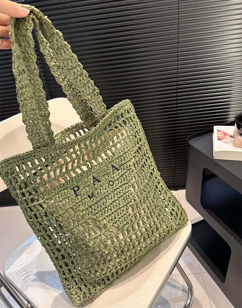 Women Straw Grass Knitting Beach Bags Fashion designer Hallow out bohemian knit crochet soft shoulder bag womens summer casual BOHO bag embroidery letter bag