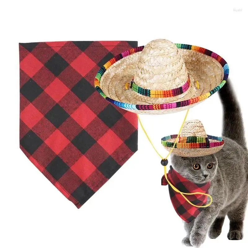 Cão vestuário gato cachecol para gatos engraçado mexicano sombrero chapéu com ajustável superior palha gatinho animal de estimação