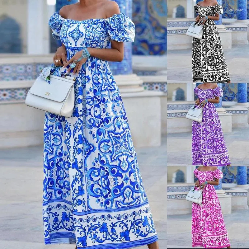 Festklänningar Jamerary Fashion Blue White Porslin Floral Printing Maxi Dress for Women Summer Sexig Slash Neck Corset Long Beach