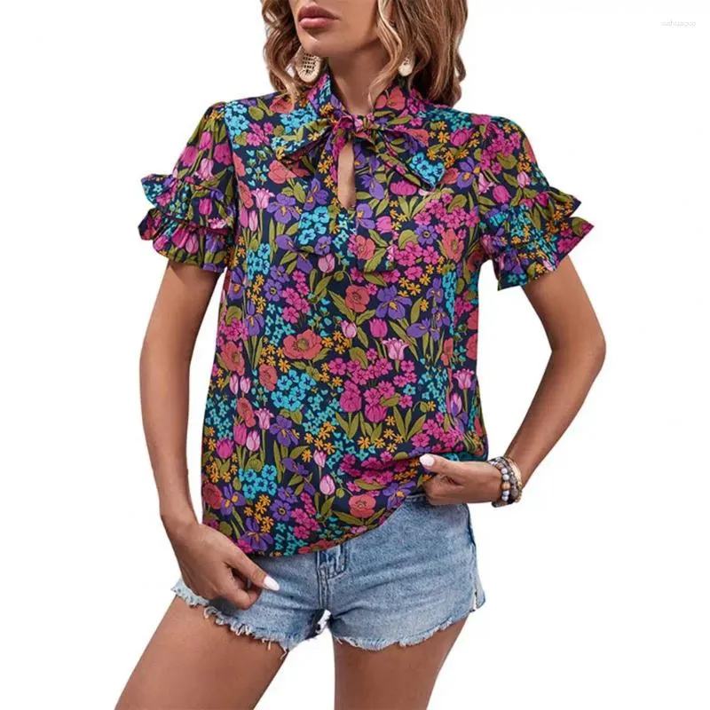 Women's Blouses Casual Loose Fit Blouse Women Shirt Ethnic Style Floral Print Summer With Stand Collar Ruffle Tie For A