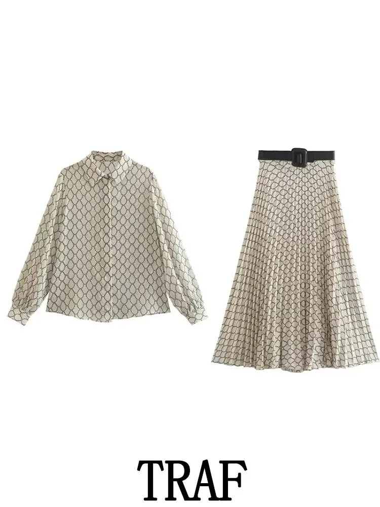 TRAF женские комплекты из 2 предметов, рубашка с геометрическим принтом, топы, пояс, маленькая плиссированная длинная юбка, весенне-осенняя повседневная элегантная 240312