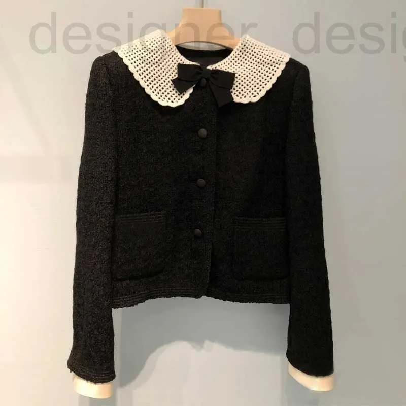 Women's Jackets designer brand Miu Black Short Coat Hook Flower Doll Neck Thick Tweed Cardigan Set Small Top Winter New WQ3P