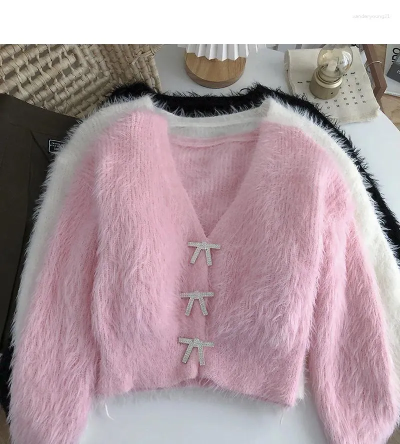 Women's Knits Mink Cashmere Sweet Cropped Cardigan Pink Sweaters For Women 2024 V Neck Slim Bow Knitted Jacket Sueter Tops Autumn Korean
