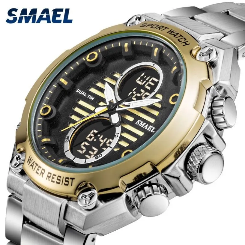 SMAEL Orologio da uomo digitale in lega orologio in oro quadrante grande sport orologio di marca di lusso da uomo 30M impermeabile1372 meccanismo di orologio elettronico da uomo n304O