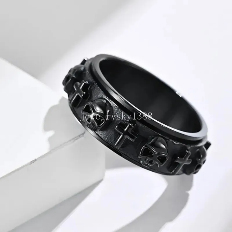 Stainless Steel Decompress Ring Retro 3D Skull Jesus Cross Rotatable Rings Band for Men Goth Jewelry