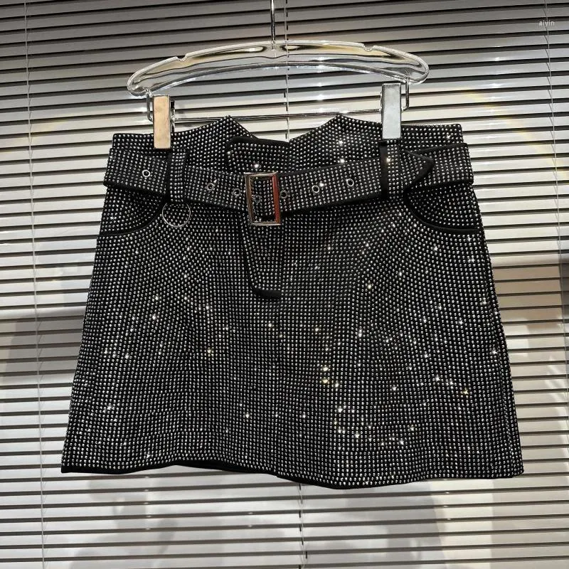 Юбки PREPOMP 2024, летняя коллекция, стразы, бриллианты, черная короткая облегающая юбка с поясом, женская GH708