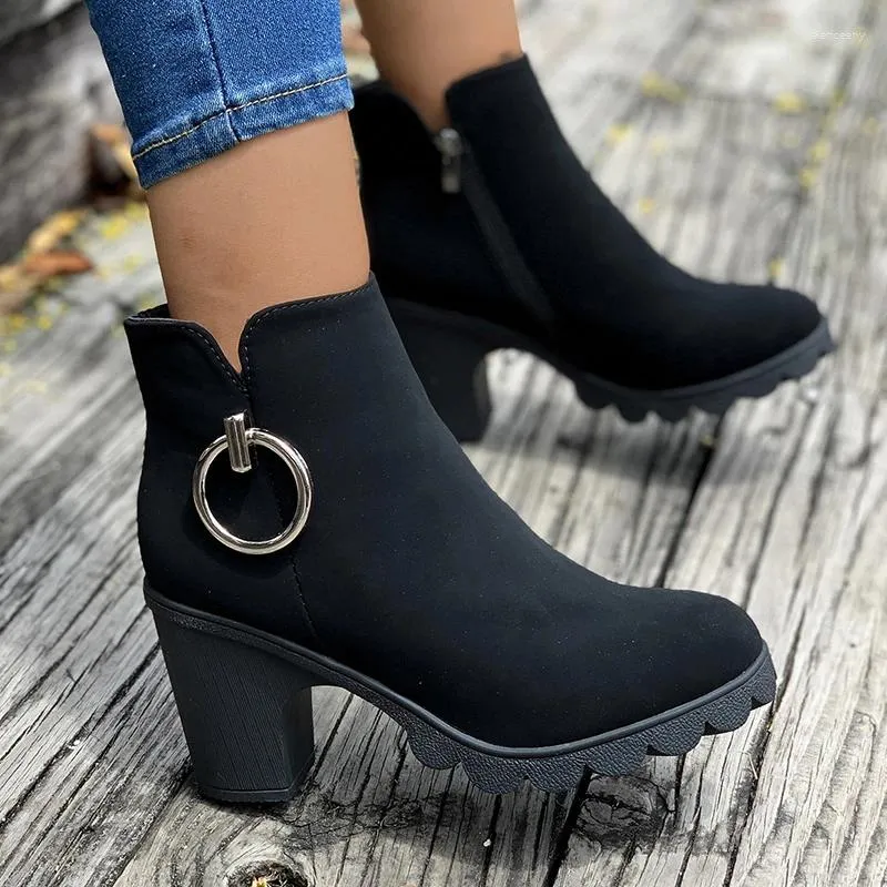 Boots Woman Ankle 2024 Spring Autumn Round Head Black Heeled Suede Thick Heel Women's Short Big Size Botines Mujer